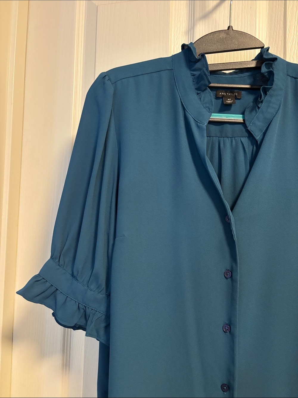Ann Taylor Teal Ruffle-Trim Button Front Blouse - Picture 3 of 5